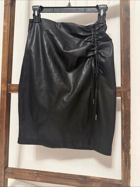 House of Harlow 1960 Black Vegan Leather Ruched Pencil Skirt with Side Tie